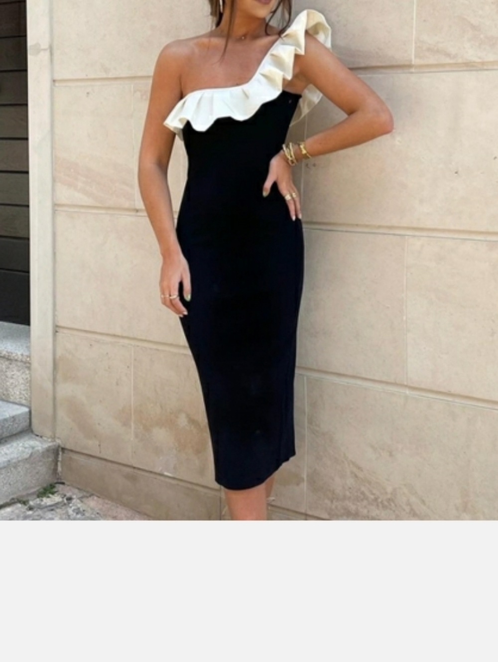 ZARA BLACK RIBBED DRESS WITH CREAM PLEATED RUFFLE ONE SHOULDER NECKLINE SIZE S